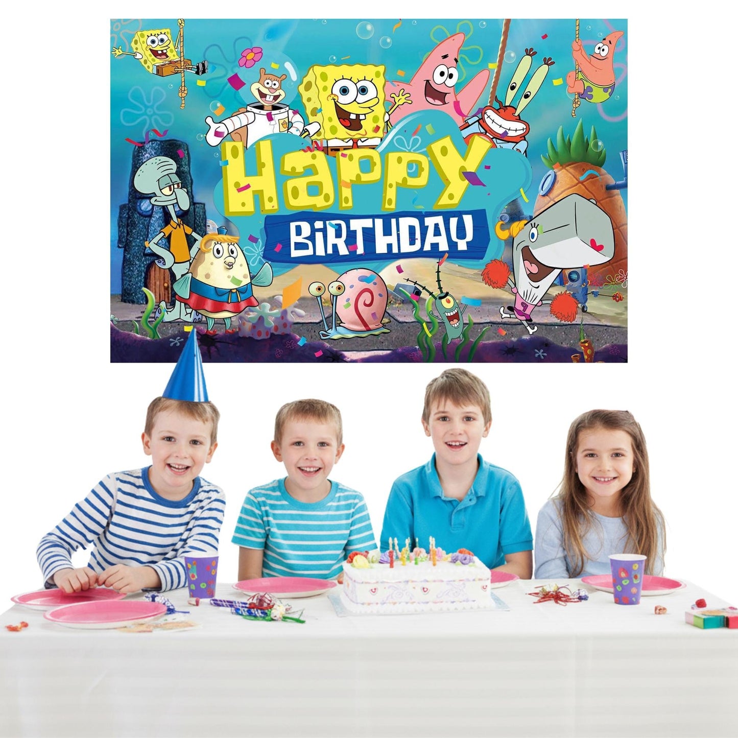 SpongeBob Birthday Backdrop 3x5 ft – Happy Birthday Vinyl Banner | Bikini Bottom Party Decorations | Kids Cartoon Photo Booth Background