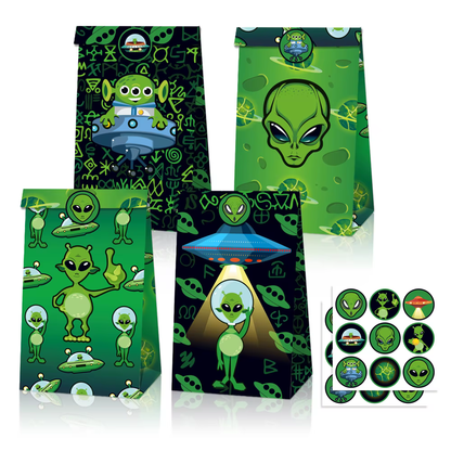 Alien Goodie Bags with Stickers – 12 Pack Party Favor Bags | 4 Double-Sided Designs + 18 Stickers | Space Birthday Party Supplies