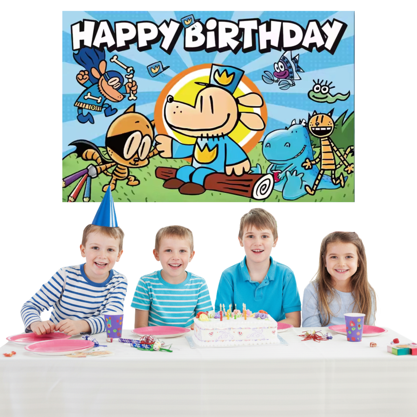 Dogman Kids Birthday Party Photo Backdrop Decoration 3x5 Foot Light Blue Happy Birthday Banner Fast Shipping
