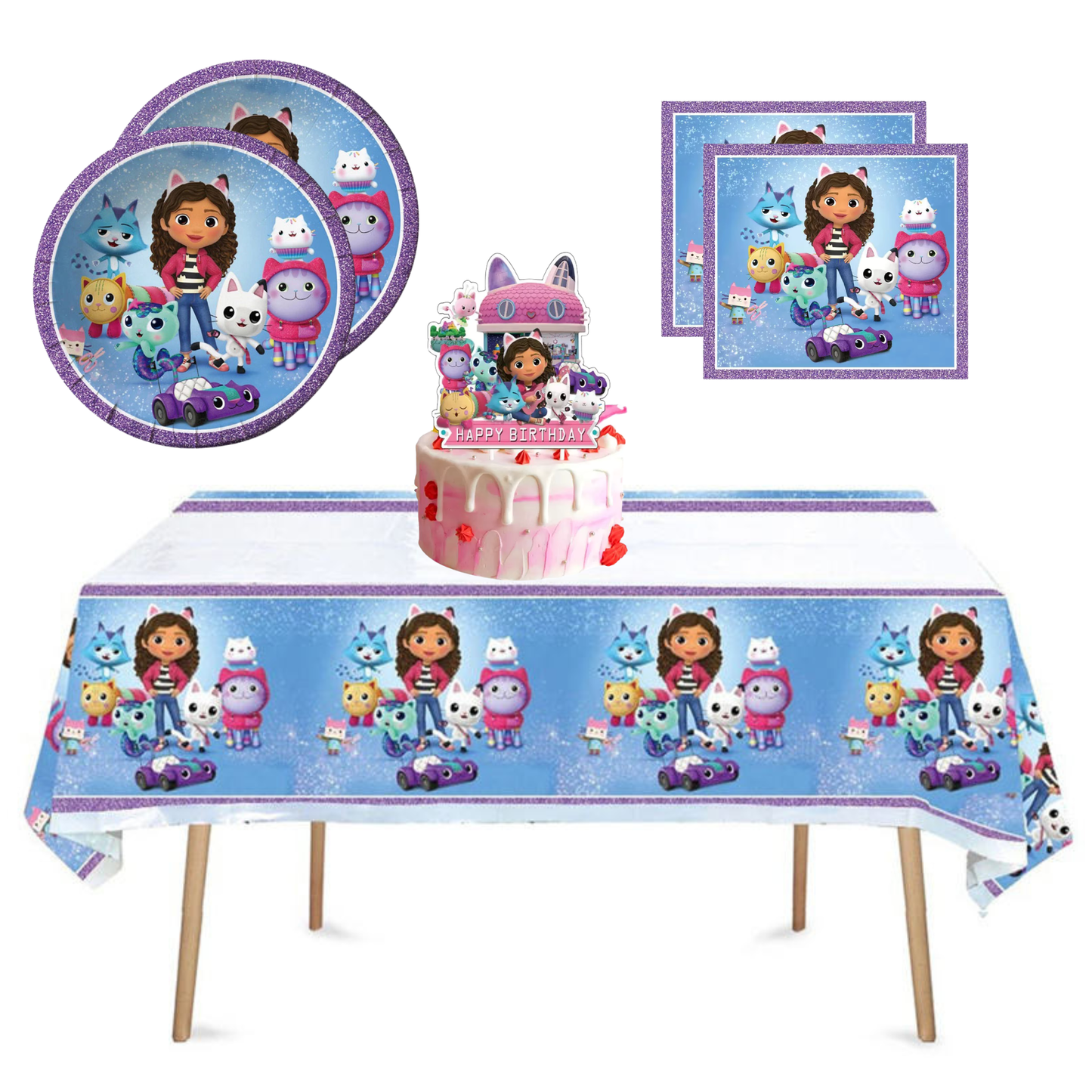 Gabby’s Dollhouse Party Supplies Set – 20 Plates, 40 Napkins, Tablecloth & Cake Topper | Kids Birthday Bundle
