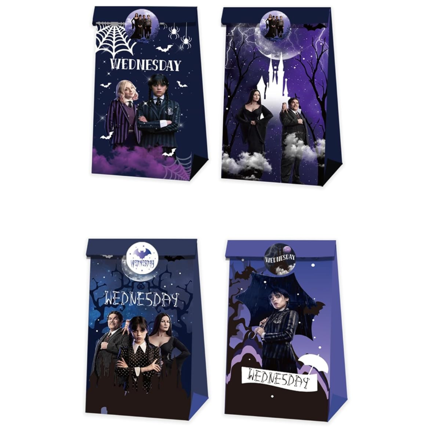 Wednesday Addams Goodie Bags with Stickers – 20 Pack Party Favor Bags | 8 Double-Sided Designs + 27 Stickers | Gothic Halloween Birthday Party Supplies